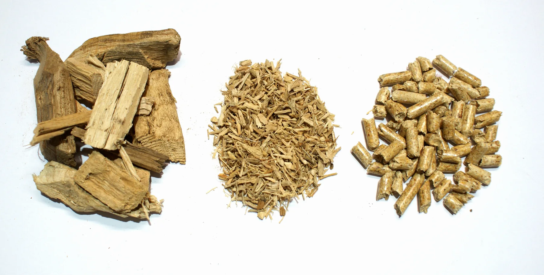 Hackgut, Saegespaene und fertige Holzpellets im Vergleich